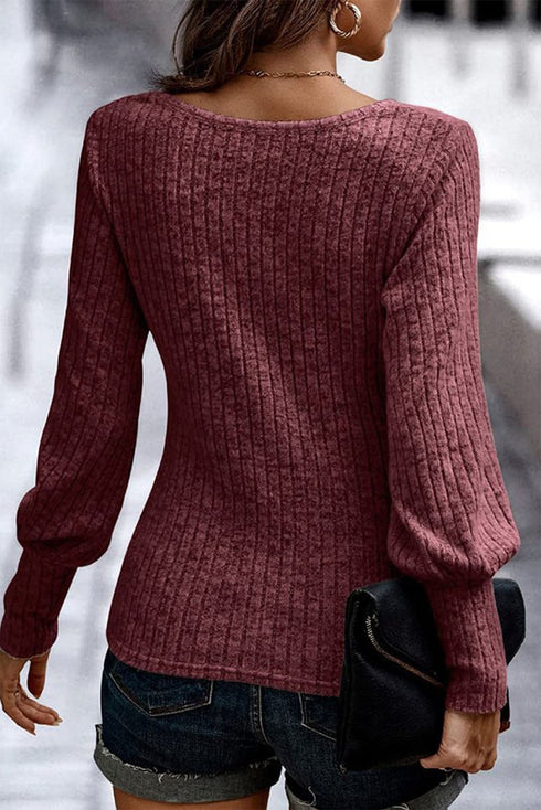 Ribbed Bishop Sleeve Round Neck Top